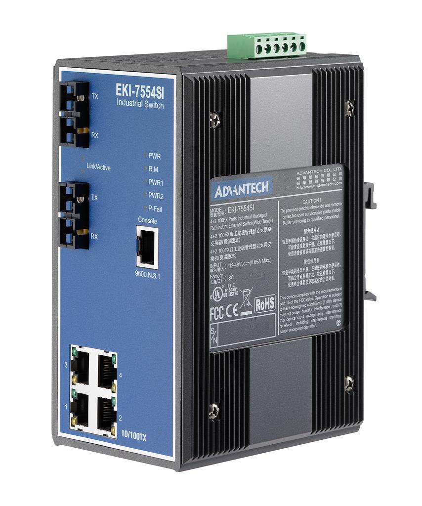 Advantech EKI-7554SI - 4FE+2 Port Single-mode Managed Ethernet Switch - Wide Temp